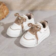 1 Pair Kids' White Sneakers, New Khaki Colorblock Skate Shoes, Boys' & Girls' Hook And Loop Soft Sole Casual Sports Shoes - Khaki - View 3
