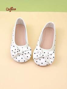 1 Pair Black Girls' Polka Dot Print Bow Decor PU Material Round Toe Slip-On Flat Sweet Princess Ballet Shoes Suitable For Daily Wear, Party, Performance, 2026 New Style - White - View 3