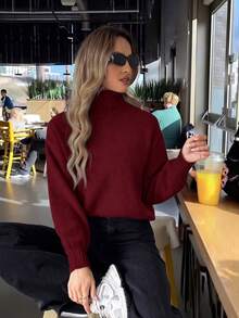 女款秋冬新款高領灰色極簡通勤修身優雅羅紋長袖針織套頭毛衣 - 酒紅色 - 查看 3