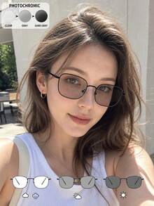 1 Pair Y2K Style Square Frame Photochromic Glasses, Unisex, Transparent Lens Computer Glasses, Fashionable Women's Accessory, Comes With Glasses Case And Cleaning Cloth - Multicolor - View 12