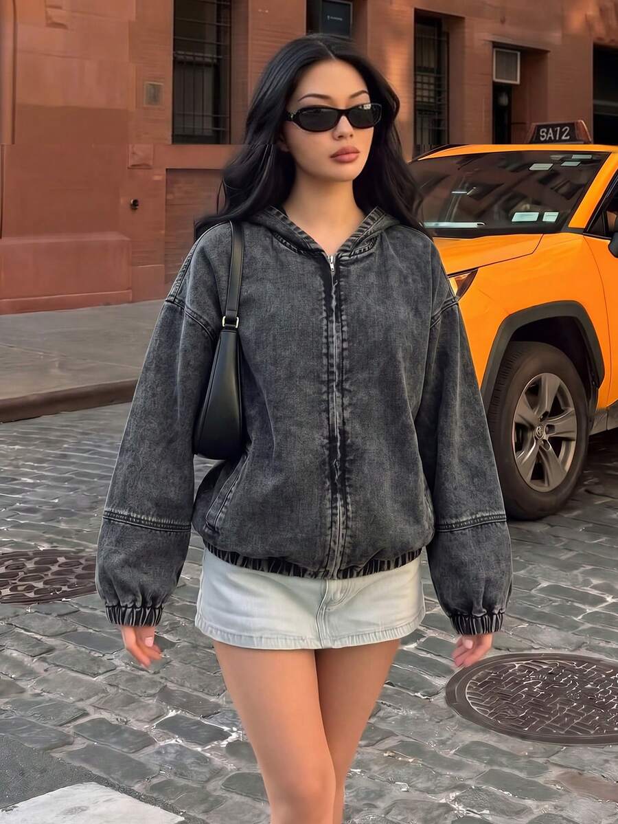 Black Grey Distressed Washed Hooded Denim Jacket For Women Full Zip Loose Fit Elastic Cuffs Hem Vintage Streetwear Denim Coat - Grey - View 1