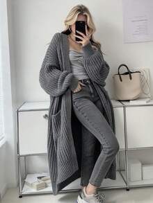 Plus Size Solid Color Casual Pocket Knit Cardigan Long Sweater - Grey - View 2