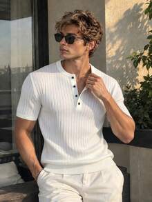 Camvyn Men's Casual Versatile Henley Collar Striped Slim Fit Short Sleeve Sweater - White - View 1