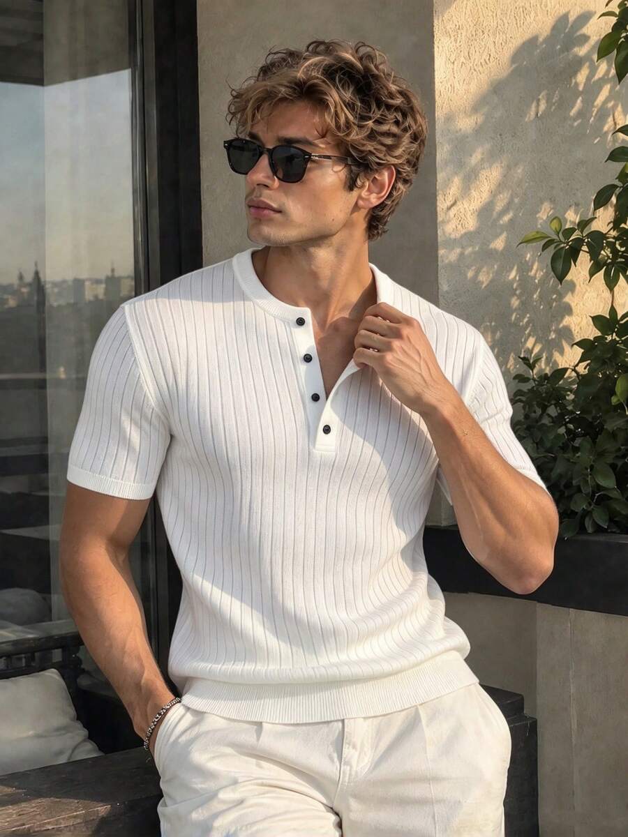 Camvyn Men's Casual Versatile Henley Collar Striped Slim Fit Short Sleeve Sweater - White - View 1