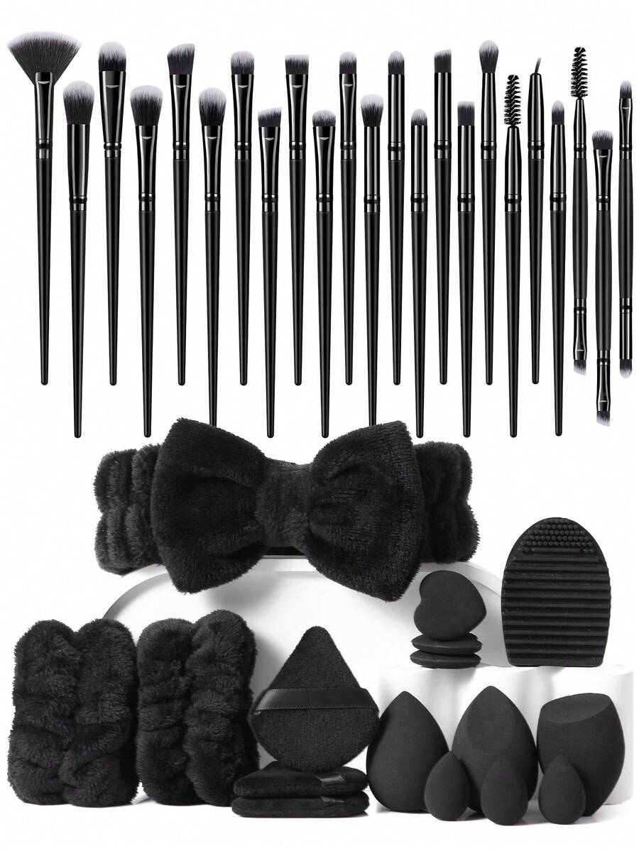 39Pcs/23Pcs Black Makeup Brushes Wristband Headband Triangle Puff Beauty Sponge Air Cushion Puff Silicone Makeup Cleaning Bowl Makeup Tools Set - Black - View 1