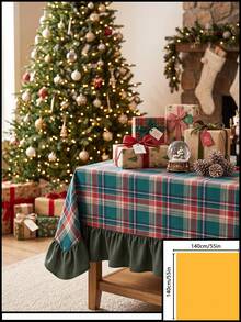 1pc Red & Green Plaid Pattern Tablecloth, Classic Traditional Style, Fabric Material, Rectangular With Ruffled Edge, Decorative & Protective For Home Long Table, Suitable For Christmas Holiday Celebration & Dining Scenes - Green - View 19