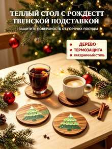 2pcs Christmas Tree Wooden Coaster Set, Hand-Painted Christmas Tree Pattern Round Wooden Drink Coasters, Heat-Resistant And Absorbent, Suitable For Coffee, Tea Cups, Holiday Table Decor, Perfect Christmas Home Gift For Kitchen, Dining Table Or Bar - Multicolor - View 3