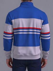 Men's Colorblock 1/4 Zip Stand Collar Sweatshirt, Vintage Sporty Striped Print Pullover, Autumn/Winter - Multicolor - View 4
