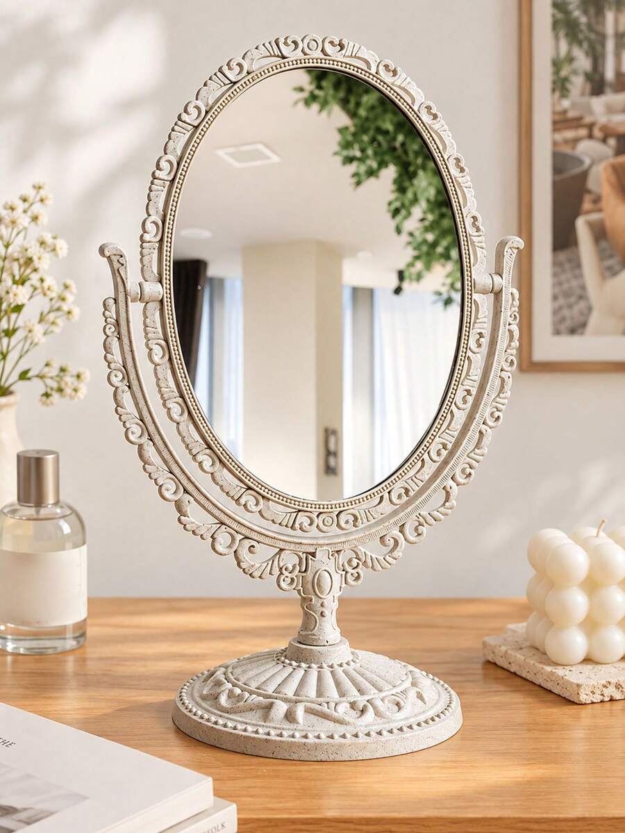Adjustable Makeup Mirror With 360 Degree Swivel For Clear View Carved Two Sided Makeup Mirror For Women Stable Stand Vintage Makeup Mirror Ideal For Bedroom Desk European Style Cosmetic Mirror Travel Accessories Room Decor Bathroom Essentials