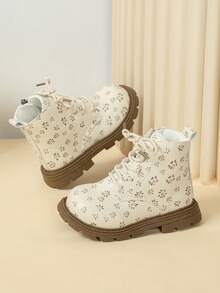 1 Pair New Cute Princess Floral Ankle Boots For Toddlers, Side Zipper & Lace-Up Design, Anti-Slip & Wear-Resistant Sole, Autumn/Winter Boots For Daily Outdoor Wear - Beige - View 3