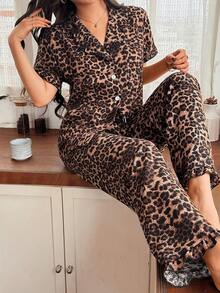 2pcs/Set Women's Leopard Print Short Sleeve Lapel Lace Trim Top And Long Pants Pajama Set, Suitable For All Seasons - Brown - View 1