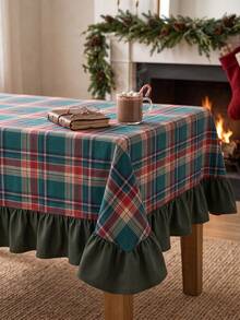 1pc Red & Green Plaid Pattern Tablecloth, Classic Traditional Style, Fabric Material, Rectangular With Ruffled Edge, Decorative & Protective For Home Long Table, Suitable For Christmas Holiday Celebration & Dining Scenes - Green - View 8