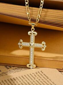 1PC European And American Religious Popular Style 14k Gold Plated Copper Material Inlaid Zirconia Suitable For Layering Vintage Gold Baroque Decorative Carved Cross Guardian Light Limited Edition Necklace, Paired With 60cm Figaro Chain, Suitable For Christmas/Thanksgiving/Halloween/Mother's Day/Valentine's Day Couples/Friends/Fellow Believers Gift, Catholic First Communion, Gift, Daily And Holiday Wear Prayer - Yellow Gold - View 4