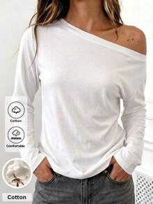 SCARLUX Autumn Y2K White Asymmetrical Shoulder Long Sleeve Top, Cotton Blend Basic Style, Suitable For Back To School, Business Commute And Outings - White - View 1