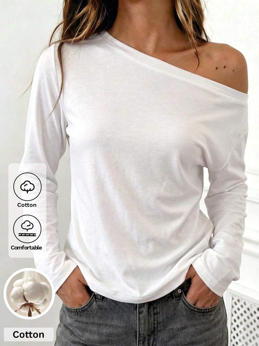SCARLUX Autumn Y2K White Asymmetrical Shoulder Long Sleeve Top, Cotton Blend Basic Style, Suitable For Back To School, Business Commute And Outings - White - View 1