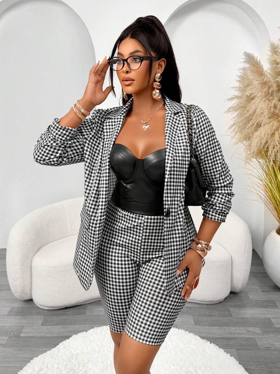 Aliling Autumn Casual Commute Women's Black & White Plaid Print Lapel ...
