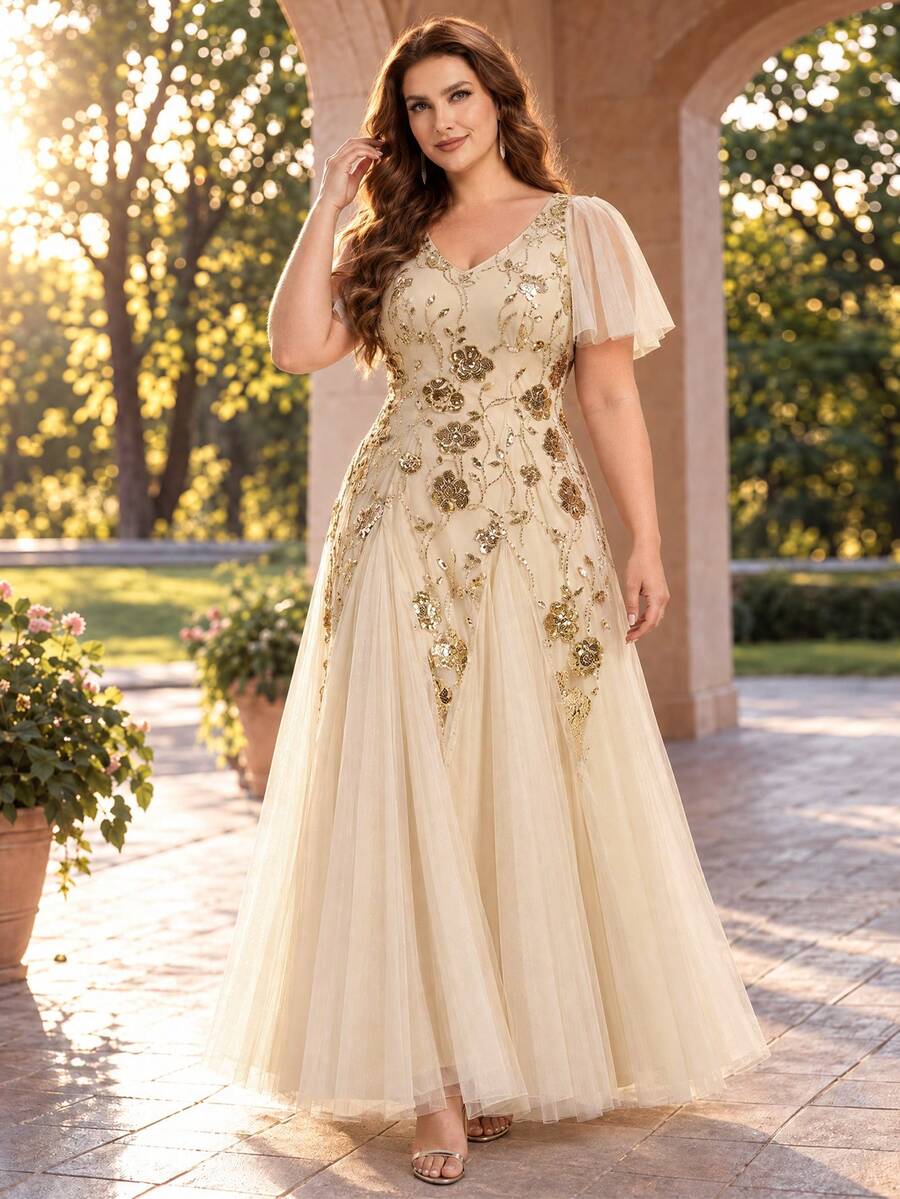 EVERPRETTY Plus Size Women's Rose Floral Sequin Decor V-Neck Formal Party Dress, Gold Ruffle Hem A-Line Evening Gown Fall Wedding
