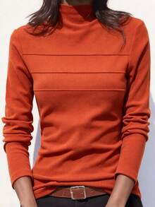 Women's Thickened Thermal Lined Semi-High Neck Base Layer Top, Autumn/Winter 2025 New Style, Patchwork Fishbone Line Chic Innerwear - Burnt Orange - View 3