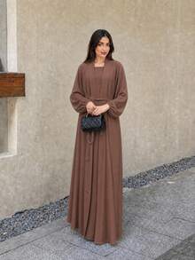 Conjunto de 2 piezas de abaya estilo kimono largo y modesto & vestido largo para mujer (excluyendo el pañuelo para la cabeza) Eid Primavera Otoño - Marrón oscuro - Ver 2