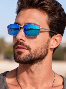 Men's Classic Metal Square Frame Fashion Glasses, Rectangular Dark Lenses, Business Style, Versatile For Daily Wear, Driving, Fishing, Cycling, Sports - Multicolor - View 8