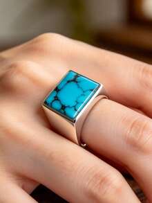 1pc Men's Turquoise Square Ring, Vintage Style, Synthetic Zirconia, Suitable For Wedding, Banquet, Party, Daily Wear, No Packaging Box - Silver - View 5
