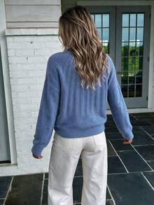 NOVELLE Sweater Rajut Wanita Gaya Lembut Motif Kipas Vertikal, Pullover Lengan Raglan Longgar Musim Gugur Musim Dingin, Untuk Aktivitas Sehari-hari, Perjalanan, dan Kencan - Navy Blue - View 5