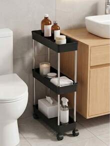 1pc 3/4-Tier Narrow Mobile Storage Cart, Bathroom Rolling Organizer Rack, Multi-Function Storage Shelf, Bathroom Gap Storage - Black - View 5