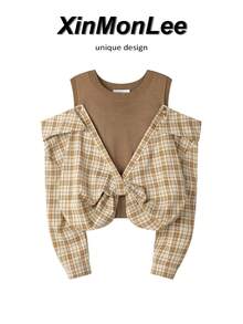 Korean French Vintage Plaid Patchwork 2 In 1 Shirt With Buttons, Long Sleeve, Suitable For Evening Date, Vacation, Daily Wear, Spring And Autumn - Yellow - View 1