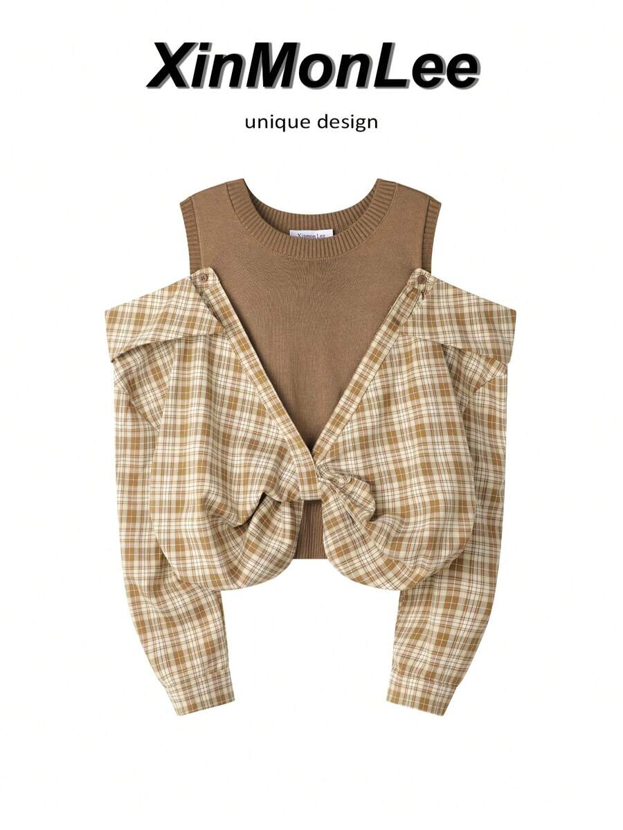 Korean French Vintage Plaid Patchwork 2 In 1 Shirt With Buttons, Long Sleeve, Suitable For Evening Date, Vacation, Daily Wear, Spring And Autumn - Yellow - View 1