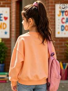 Cotton Girls' Crewneck Pullover Sweatshirt, Autumn Winter Loose Fit With Frog Print, Cute Sweet Girly Preppy Style - Hami Melon Orange - View 4