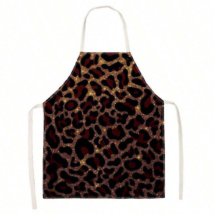 1pc Vintage Wild Leopard Print Apron - Sleeveless Halter Design, Durable And Comfortable Fit, Featuring Leopard Print With Sparkling Gold Background Pattern, Suitable For Cooking, Baking And Home Cleaning, Household Cleaning, Housework Apron, Hand-Painted Handmade Gardening Apron, Fun Holiday Gift - Multicolor - View 1