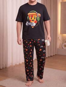 Plus Size Men's Funny Pizza Game Print Pajama Set, Autumn/Winter Short Sleeve T-Shirt + All-Over Print Long Pants, Loose Casual Loungewear - Black - View 3