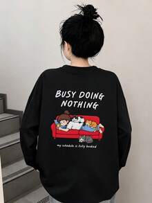 Women's Fashion Autumn/Winter Loose Minimalist Versatile Letter Cartoon Print Long Sleeve T-Shirt - Black - View 2