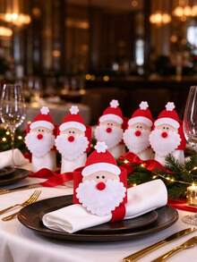6pcs/Set Santa Claus Theme Napkin Rings And Holders, Suitable For Holiday Parties, Weddings, Family Dinners And Christmas Table Decor; Reusable Fabric Napkin Rings, Add Festive Atmosphere To The Dining Table, Perfect For Christmas And New Year Parties - Multicolor - View 9