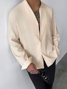 GloMan Old Money Style Men's Apricot Linen Blend Unique Notched V-Neck Pocket Button Long Sleeve Shirt, Suitable For Autumn Vacation, Commute, Halloween/Christmas, Gift For Husband - Apricot - View 2