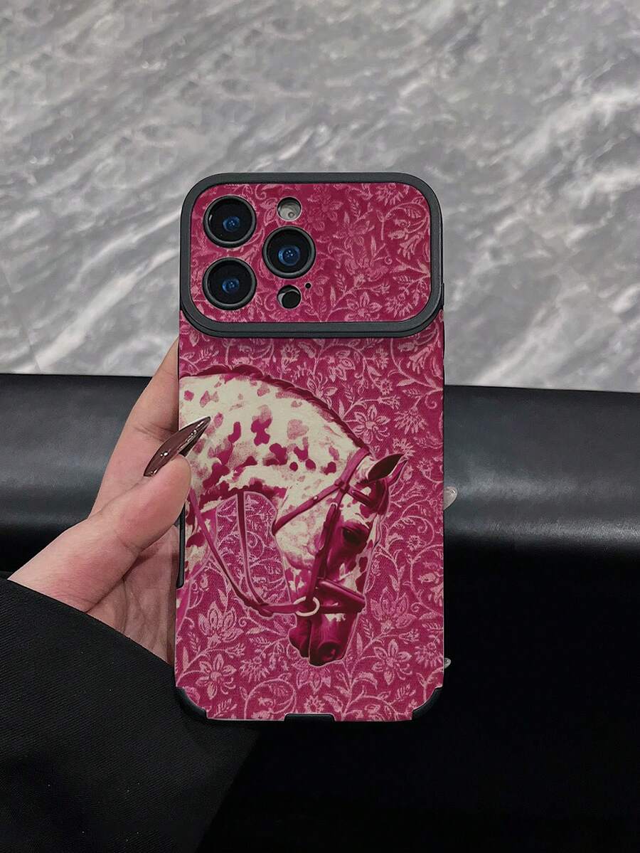 1pc New Vintage Rose Red Floral White Horse Pattern Phone Case, Faux Leather Texture, Shockproof Protective Cover Compatible With IPhone 17/17Pro/17ProMax/16/16Pro/16ProMax/16Plus/15/15Plus/15Pro/15ProMax/14/14Plus/14Pro/14ProMax/13/13Pro/13ProMax/12/12Pro/12ProMax/11/11ProMax, Anti-Collision Soft Shell - Multicolor - View 1