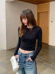 Rhinestone Decor Sexy Base Layer Top, Elastic Slim Fit Round Neck Black Cropped Long Sleeve Midriff Top (With Shoulder Pads) - Black - View 1
