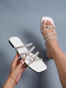 Summer New Luxury Flat Sandals, Cross Strap And Rhinestone Design, Slim Fit And Comfortable, Suitable For Outdoor, Travel, Commuting - White - View 2