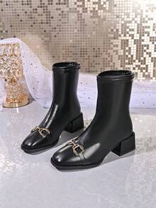 JINWUYIPIN Women's Elastic Slim Fit Ankle Boots, Pointed Toe, Square Chunky Heel, Side Zipper, Shiny Faux Leather, Commuter Boots, Autumn/Winter - Black Button - View 7