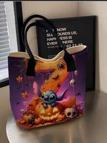 Disney Halloween Letter Embroidery Pumpkin Print Tote Bag, Large Capacity Cartoon Shoulder Handbag, Spider Web Skull Bat Pattern Shopping Bag, Casual Reusable Tote Bag, Suitable For Halloween Party, Daily Outing, Gift - Multicolor - View 8