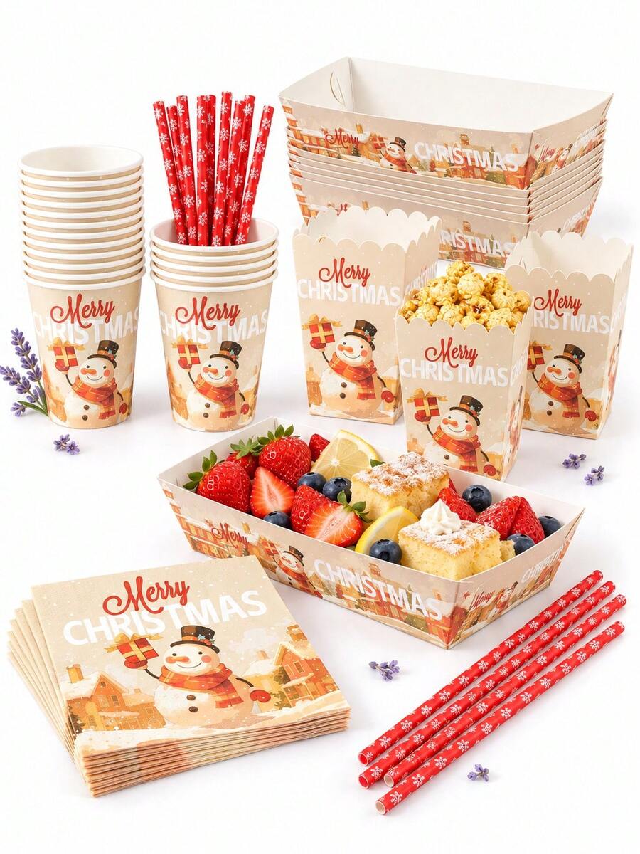10/24pcs Set Peralatan Makan Sekali Pakai Kertas Motif Rumah Musim Dingin Manusia Salju Warna Beige, Perlengkapan Pesta Liburan Gaya Pedesaan, Termasuk Gelas, Serbet, Kotak Popcorn, Kotak Makanan, dan Sedotan, Cocok untuk Makan Malam Liburan, Dekorasi Meja - Beraneka warna - View 1