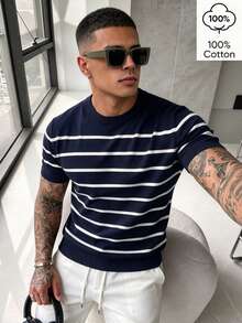 WAIT HIM 100% Cotton Men's Casual Colorblock Striped Knit Top - Blue and White - View 2