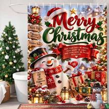 1/4pcs Christmas Theme Shower Curtain Set With Cute Snowman, Christmas Tree And Gift Box Pattern, 12 Hooks, Waterproof Polyester, Bathroom Curtain, Privacy, Thickened, Durable Quick Dry, 180*180cm Size, Christmas Bathroom Decor - A - View 17
