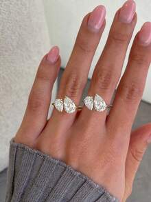 ESBERRY 1件個性化時尚不對稱鋯石戒指，女款珠寶，精緻飾品，女性約會禮物 - 雙水滴戒指 - 查看 3