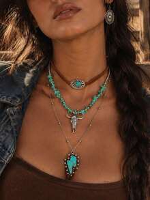 3pcs/Set Vintage Western Style Brown Rope & Blue Turquoise Beaded Necklace Set, Casual Versatile Women's Neck Jewelry Accessory, Suitable For Daily Wear, Dates, Travel And Photography - Multicolor - View 1