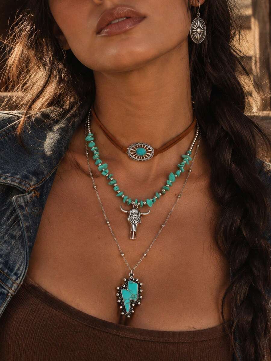 3pcs/Set Vintage Western Style Brown Rope & Blue Turquoise Beaded Necklace Set, Casual Versatile Women's Neck Jewelry Accessory, Suitable For Daily Wear, Dates, Travel And Photography - Multicolor - View 1
