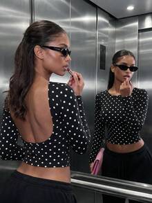 Women's Casual Polka Dot Round Neck Backless Slim Fit Cropped Long Sleeve T-Shirt, Suitable For Autumn/Winter Daily Wear, Cute Style - Black - View 1