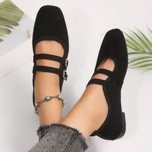 Spring/Autumn New Flat Square Toe Shallow Vamp Suede French Fairy Style Versatile Women's Double Strap Loafers - Black - View 3