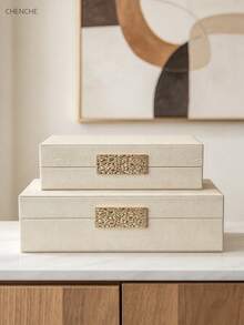Set Of 2 Large Capacity Stingray Texture PU Leather Jewelry Box With Embossed Gold Rectangular Hardware, Beige Rectangular Luxury Accessory Storage Organizer For Vanity Bedroom Decor Gift - Cognac Brown - View 14