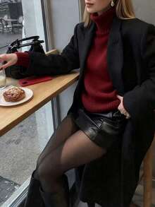 女款秋冬新款高領灰色極簡通勤修身優雅羅紋長袖針織套頭毛衣 - 酒紅色 - 查看 5